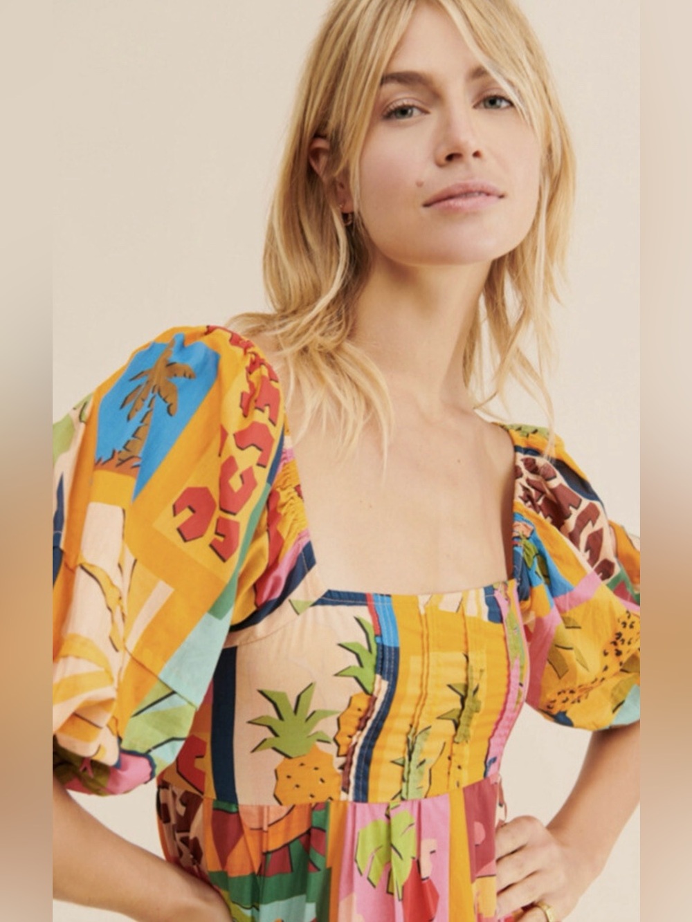FARM RIO- Vibrant Multi-Color Print Puff Sleeve Maxi Dress (M) - Picture 14 of 16